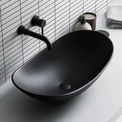 Arezzo Round Matt Black Wall Mounted (2TH) Basin Mixer Tap -Roc Bathroom Furni Store 2wmtblk d6