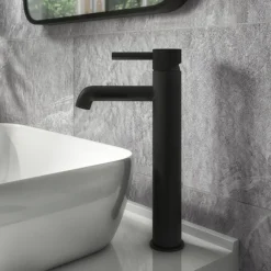 Arezzo Fluted Round Matt Black High Rise Mono Basin Mixer Tap -Roc Bathroom Furni Store az2ltmbf nd3