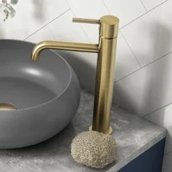 Arezzo Round Brushed Brass High Rise Mono Basin Mixer Tap -Roc Bathroom Furni Store azbbhrt lrg1