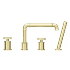 Arezzo Brushed Brass 4TH Industrial Style Deck Mounted Bath Shower Mixer Inc. Pull Out Handset