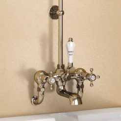 Burlington Claremont Wall Mounted Bath Shower Mixer W Rigid Riser, Straight Arm & 6" Rose -Roc Bathroom Furni Store burlingtonclaremontwallmountedbathshowermixerh295cld1