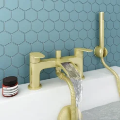 Valencia Brushed Brass Waterfall Bath Shower Mixer Incl. Shower Kit -Roc Bathroom Furni Store vwft3bb d2