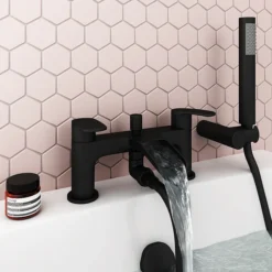 Valencia Matt Black Waterfall Bath Shower Mixer Incl. Shower Kit -Roc Bathroom Furni Store vwft3blk d1